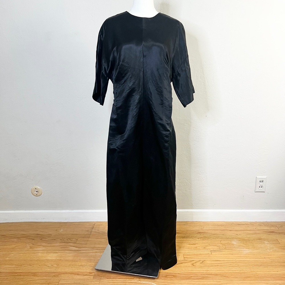 Loulou Studio Ruby Black Satin Maxi Dress Linen Silk Minimalist Slit Size Large